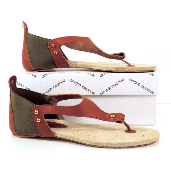 Andre Assous Tresor T- Strap Flat Thong Sandals Leather Green / Cognac Size 10 - Picture 8 of 9